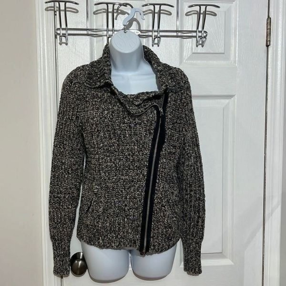 Free People Cardigan Womens‎ Black White Asymmetrical Zip Chunky Knit Small